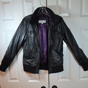 Marc New York Women's Dark Leather Jacket with Purple Lining